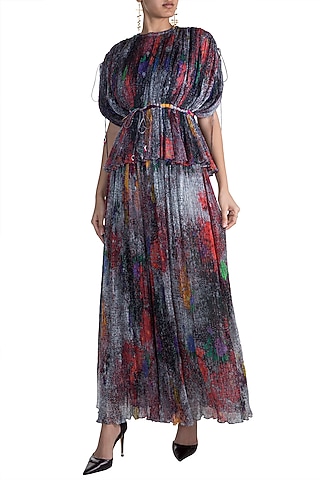 Grey Embroidered & Printed Kaftan Blouse by Saaksha & Kinni
