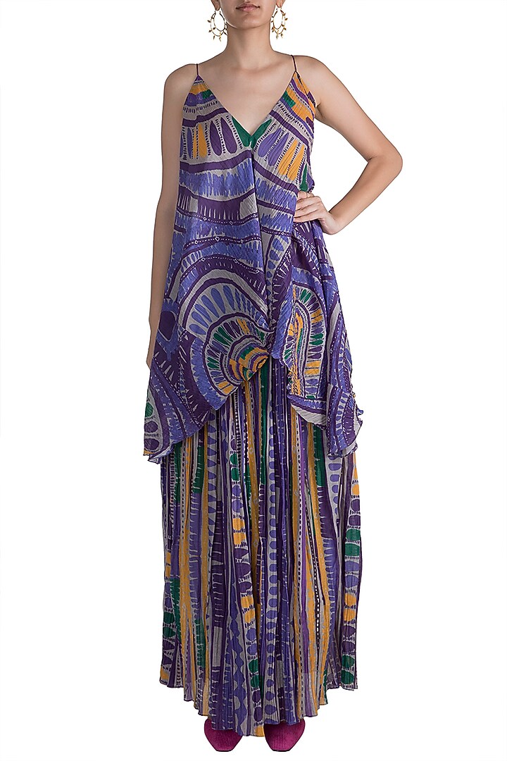 Purple Printed & Pleated Palazzo Pants by Saaksha & Kinni at Pernia's Pop Up Shop