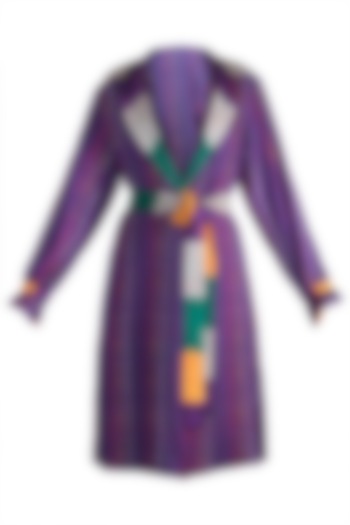 Purple Stripe Printed Reversible Coat With Belt by Saaksha & Kinni