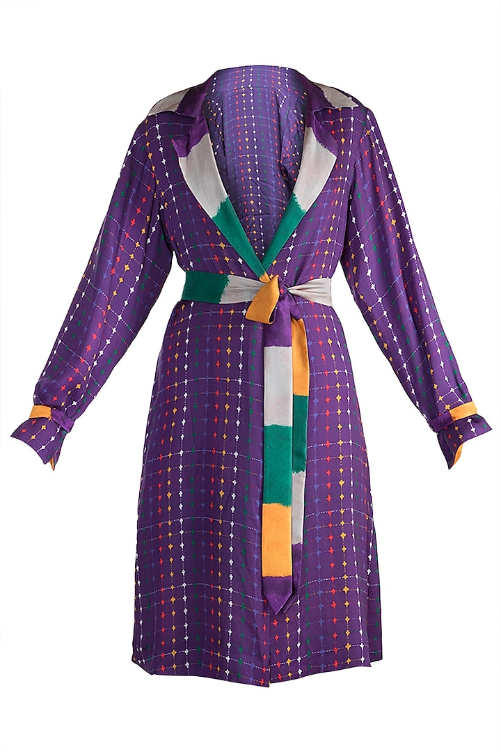 Purple Stripe Printed Reversible Coat With Belt by Saaksha & Kinni