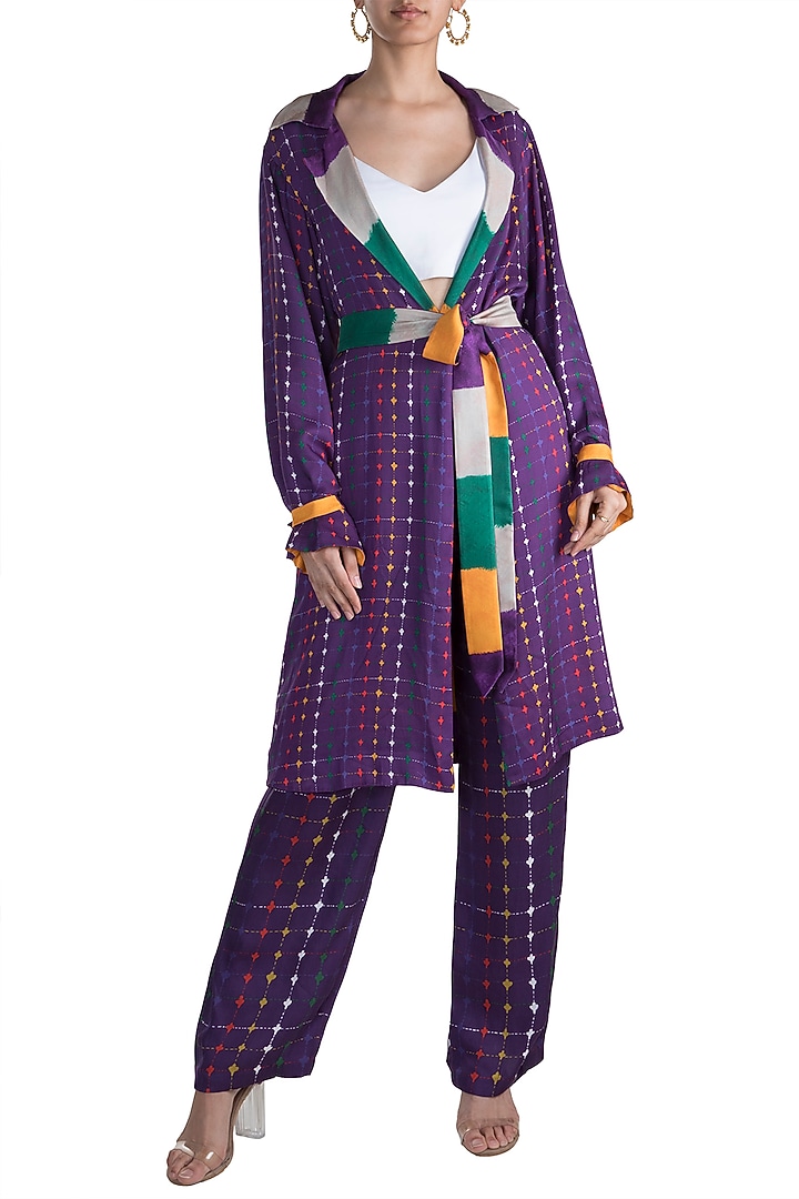 Purple Stripe Printed Reversible Coat With Belt by Saaksha & Kinni at Pernia's Pop Up Shop