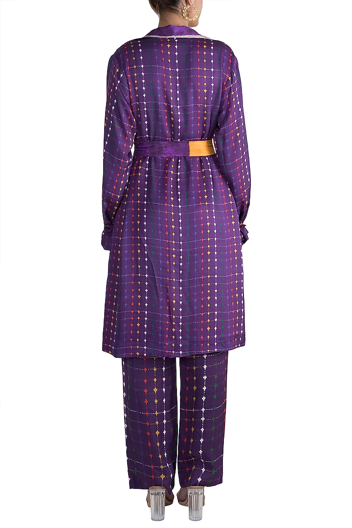 Purple Stripe Printed Reversible Coat With Belt by Saaksha & Kinni at Pernia's Pop Up Shop