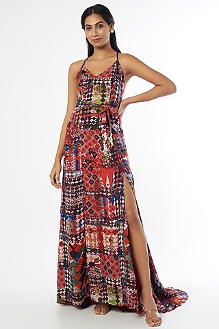 Multi-Colored Chiffon Abstract Printed Maxi Dress by Saaksha & Kinni