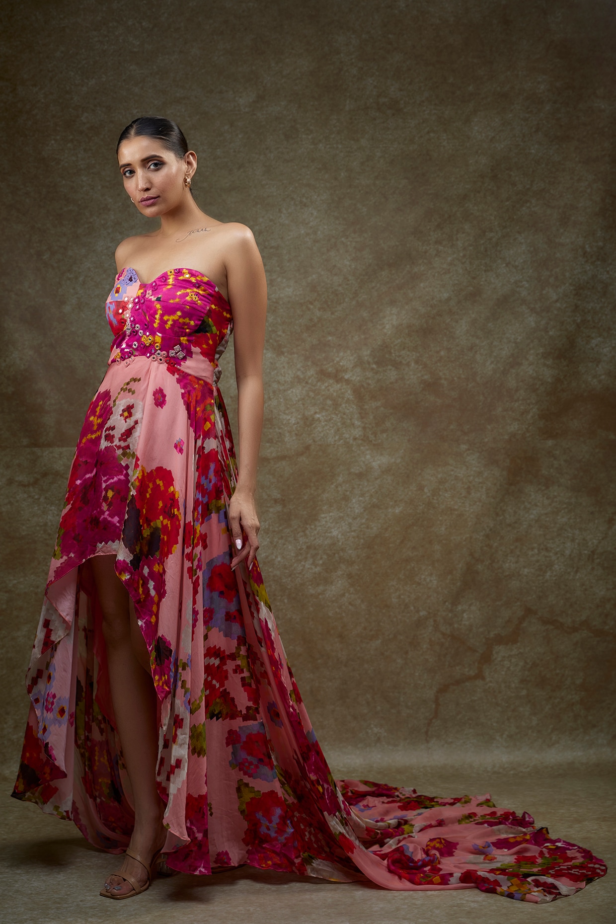 Cheerful Peach Net Embroidered Gown – 101 Hues