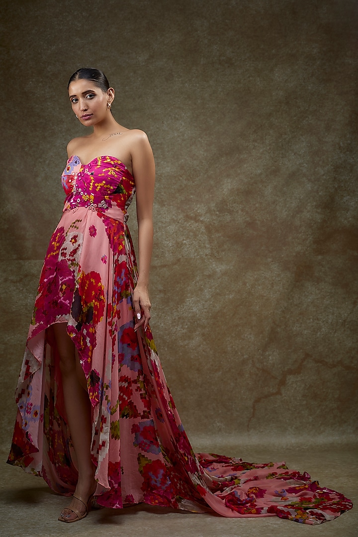 Peach & Pink Satin Printed Asymmetrical Gown by Saaksha & Kinni