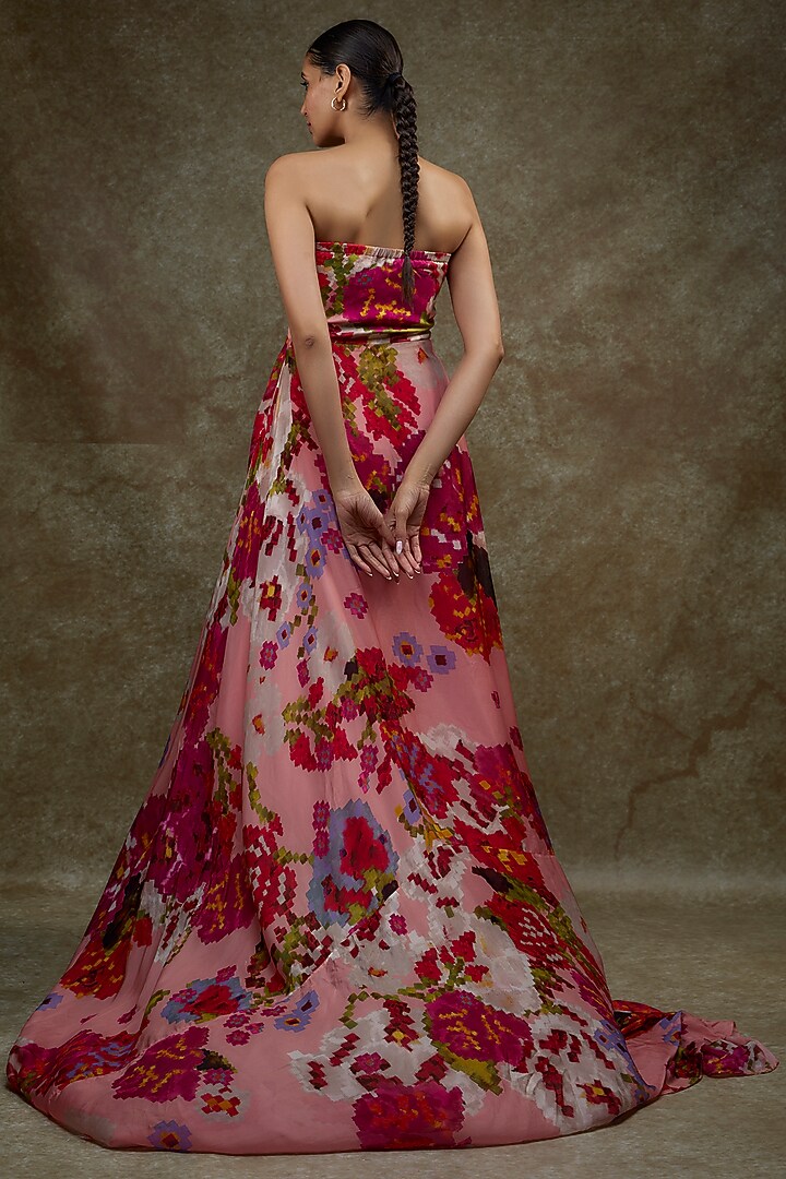Peach & Pink Satin Printed Asymmetrical Gown by Saaksha & Kinni at Pernia's Pop Up Shop