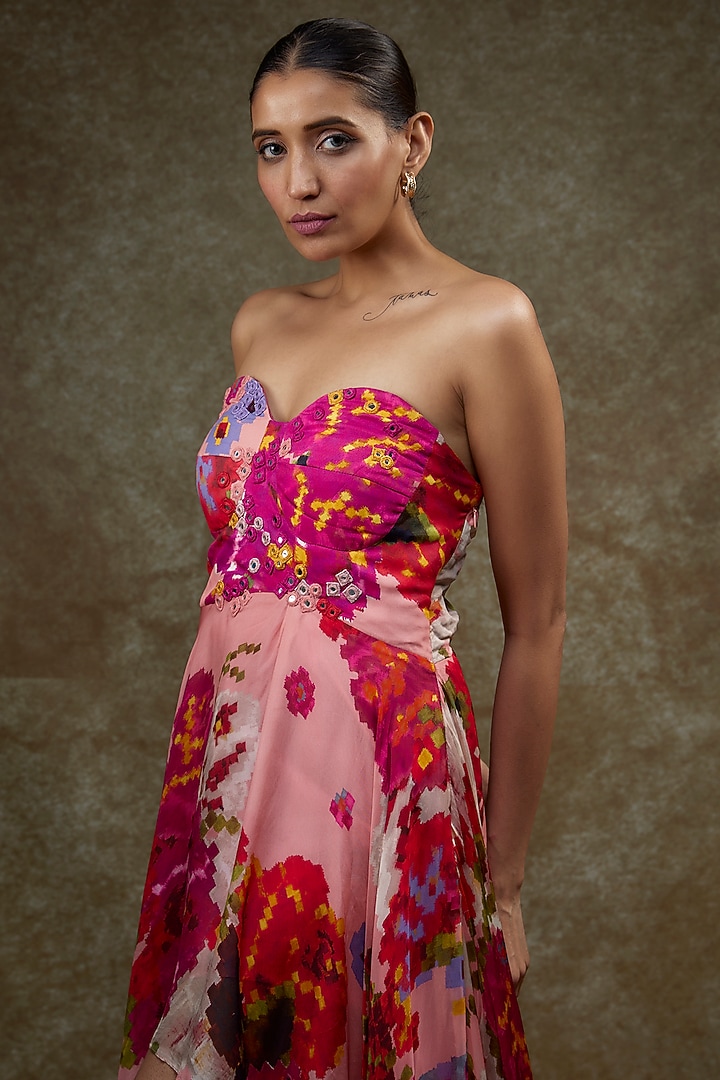Peach & Pink Satin Printed Asymmetrical Gown by Saaksha & Kinni at Pernia's Pop Up Shop