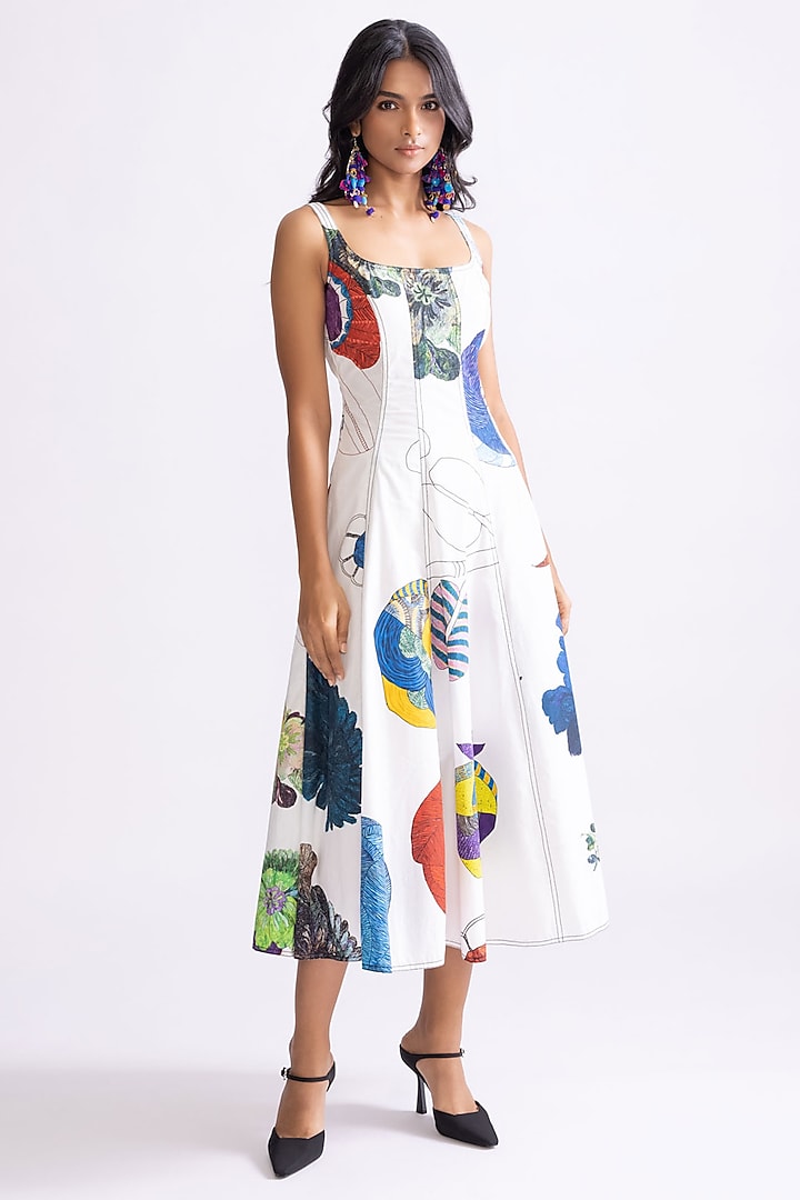 Ivory Poplin Tribal Printed Flared Midi Dress by Saaksha & Kinni at Pernia's Pop Up Shop