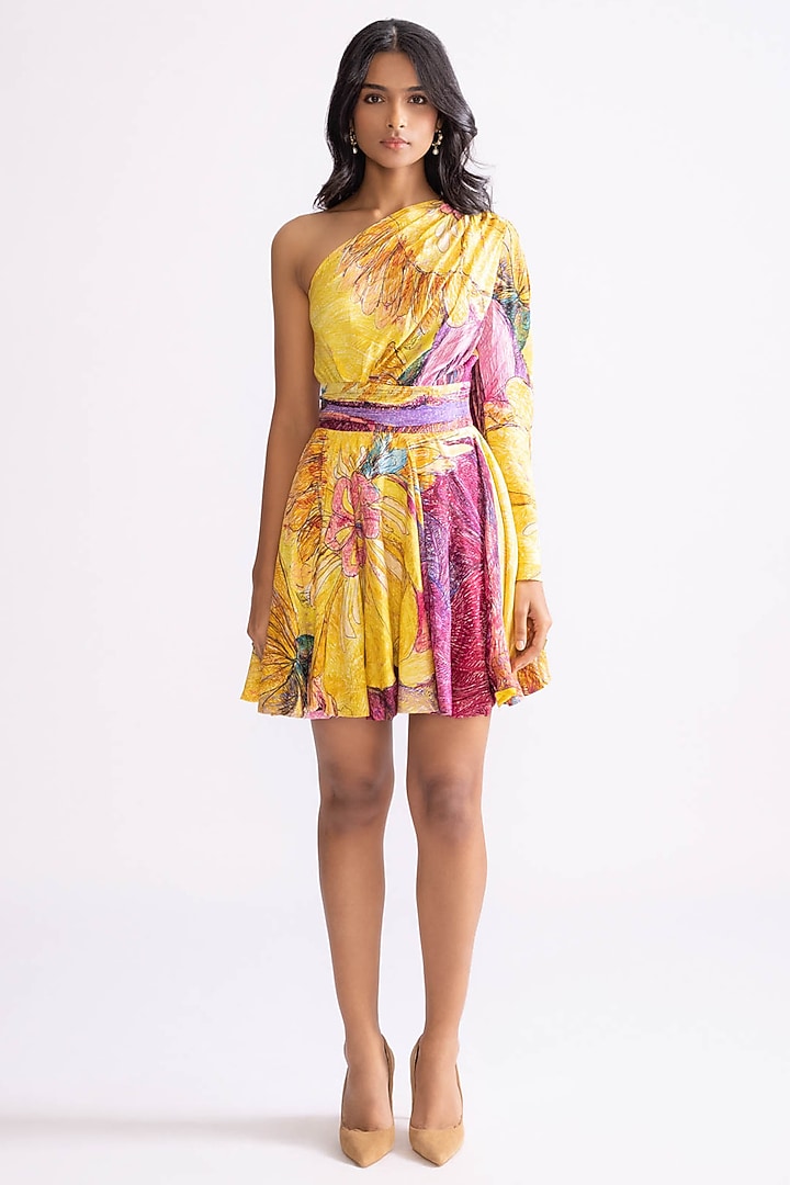 Yellow & Purple Habutai Daisy printed One-Shoulder Mini Vacation Dress by Saaksha & Kinni at Pernia's Pop Up Shop
