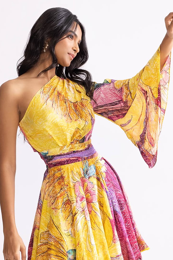 Yellow & Purple Habutai Daisy printed One-Shoulder Mini Vacation Dress by Saaksha & Kinni at Pernia's Pop Up Shop