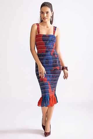 Red & Blue Cotton Silk Daisy Printed Bodycon Dress by Saaksha & Kinni