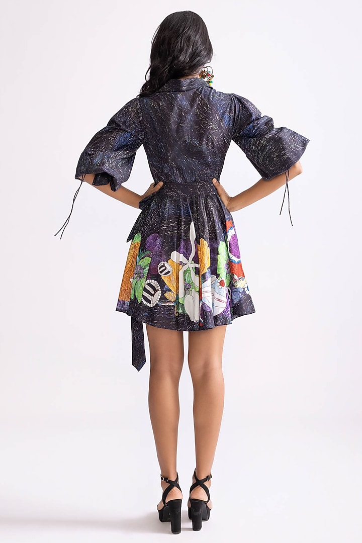 Black Cambric Tribal Printed Wrap Mini Summer Dress With Belt by Saaksha & Kinni at Pernia's Pop Up Shop