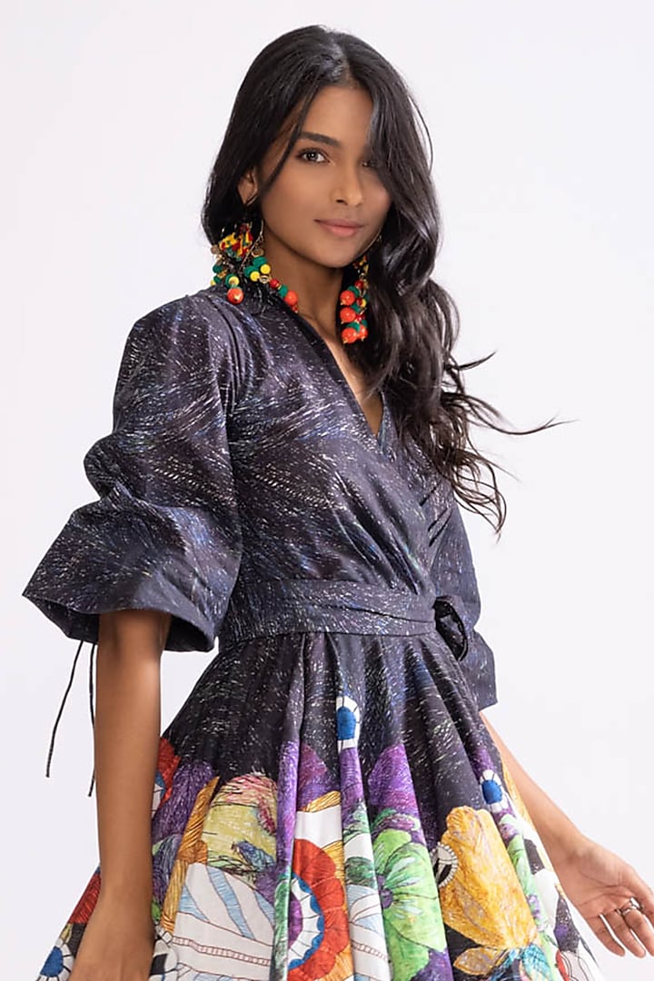 Black Cambric Tribal Printed Wrap Mini Summer Dress With Belt by Saaksha & Kinni at Pernia's Pop Up Shop