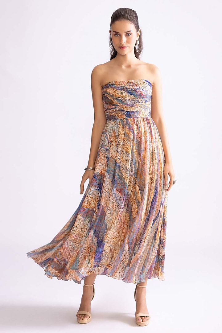 Multi-Colored Chiffon Wave Printed Hand Pleated Strapless Midi Dress by Saaksha & Kinni