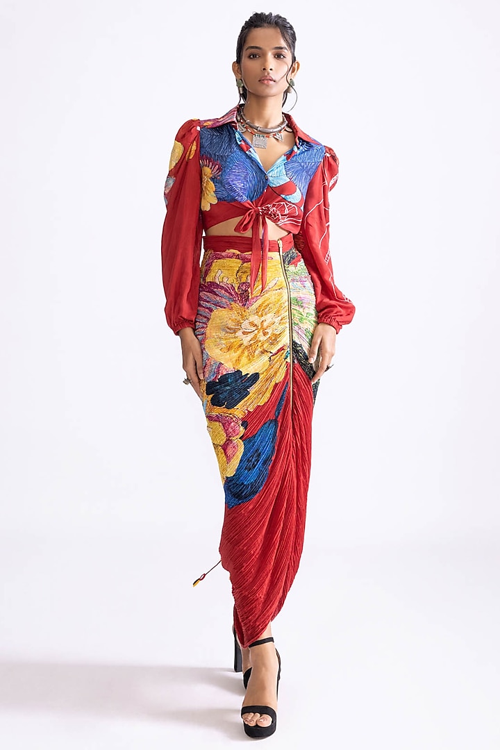 Red Cotton Silk Daisy Printed Hand Micro Pleated Skirt Set by Saaksha & Kinni at Pernia's Pop Up Shop