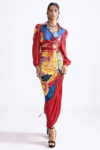 Red Cotton Silk Daisy Printed Hand Micro Pleated Skirt Set by Saaksha & Kinni