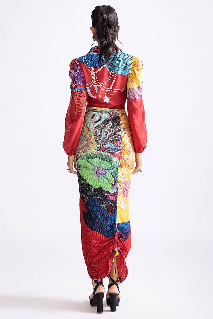 Red Cotton Silk Daisy Printed Hand Micro Pleated Skirt Set by Saaksha & Kinni at Pernia's Pop Up Shop