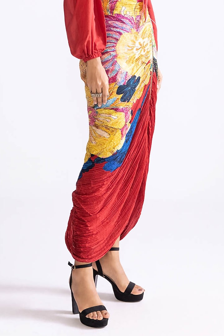 Red Cotton Silk Daisy Printed Hand Micro Pleated Skirt Set by Saaksha & Kinni at Pernia's Pop Up Shop