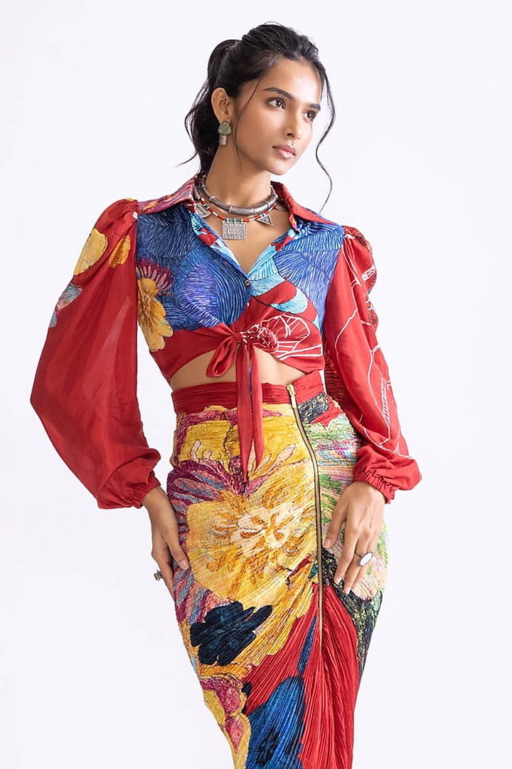 Red Cotton Silk Daisy Printed Hand Micro Pleated Skirt Set by Saaksha & Kinni at Pernia's Pop Up Shop