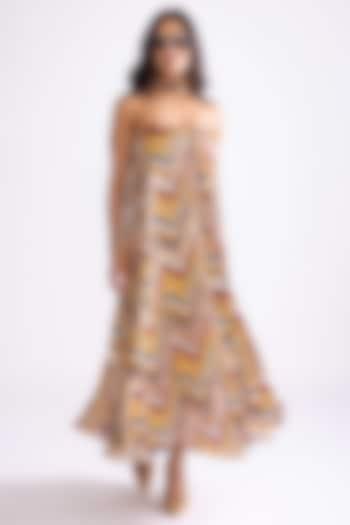 Multi-Colored Poly Chiffon Printed Hand Micro Pleated Maxi Dress by Saaksha & Kinni at Pernia's Pop Up Shop