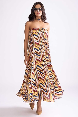 Multi-Colored Poly Chiffon Printed Hand Micro Pleated Maxi Dress by Saaksha & Kinni