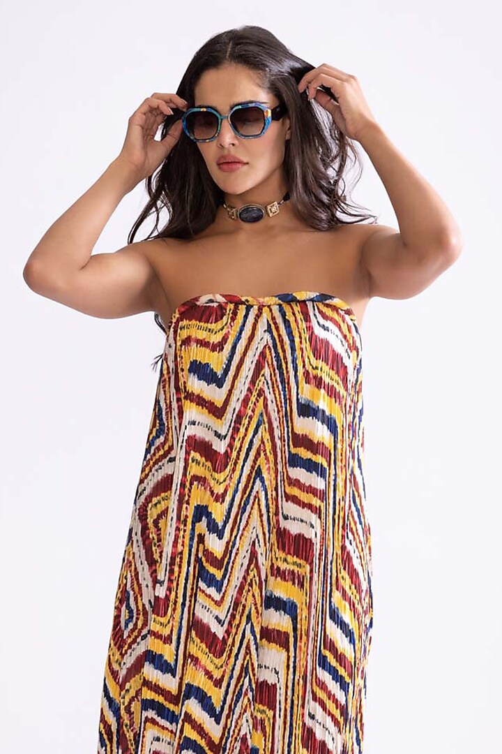 Multi-Colored Poly Chiffon Printed Hand Micro Pleated Maxi Vacation Dress by Saaksha & Kinni at Pernia's Pop Up Shop