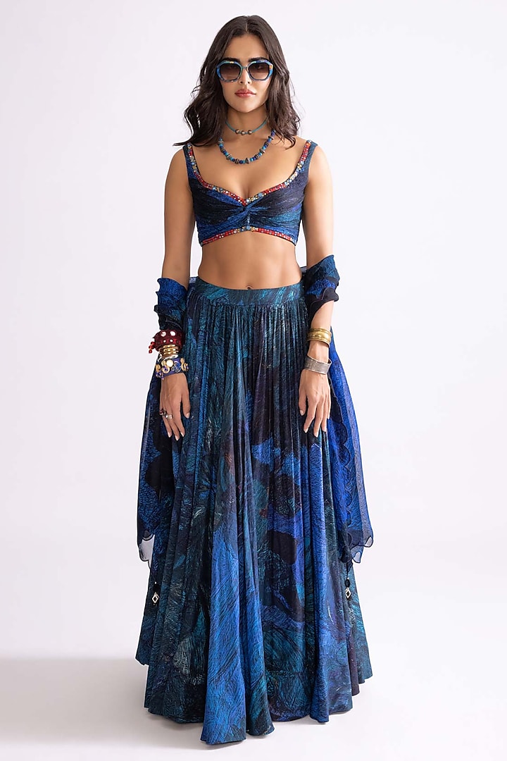 Blue Chanderi Wave Printed Wedding Lehenga Set by Saaksha & Kinni at Pernia's Pop Up Shop