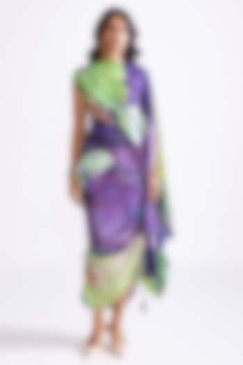 Green & Purple Florence Satin Daisy Printed Hand Micro Pleated Dress by Saaksha & Kinni at Pernia's Pop Up Shop