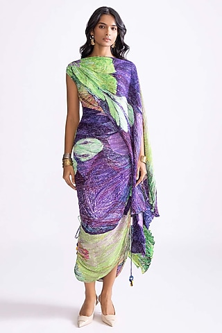 Green & Purple Florence Satin Daisy Printed Hand Micro Pleated Dress by Saaksha & Kinni