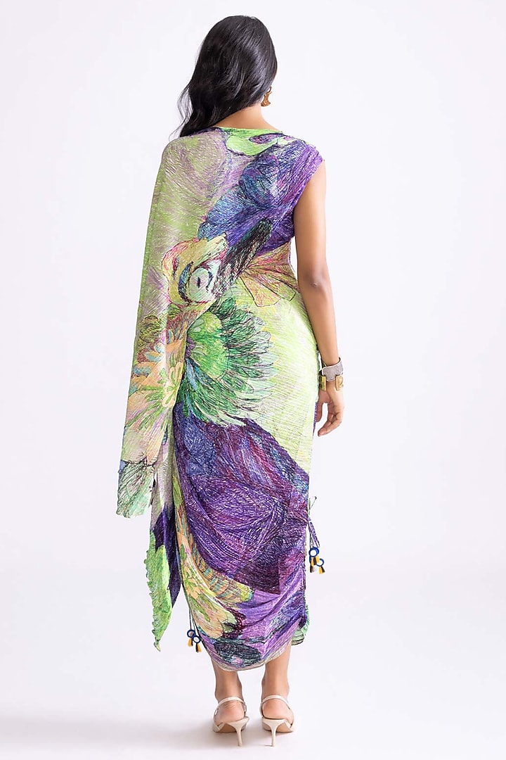 Green & Purple Florence Satin Daisy Printed Hand Micro Pleated Vacation Dress by Saaksha & Kinni at Pernia's Pop Up Shop