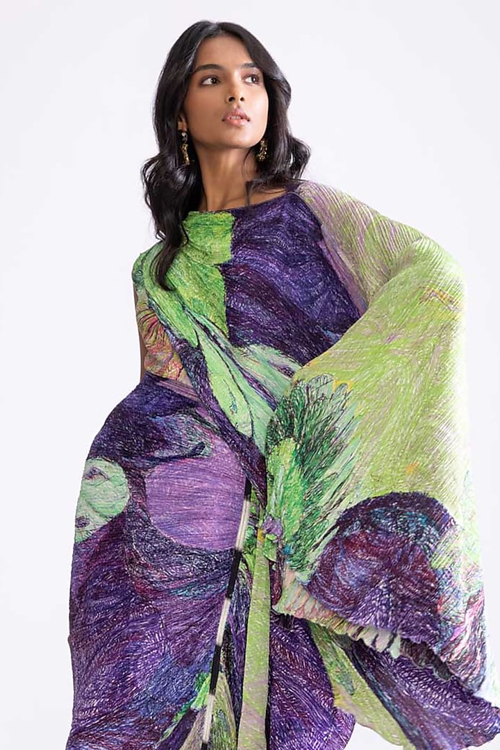 Green & Purple Florence Satin Daisy Printed Hand Micro Pleated Vacation Dress by Saaksha & Kinni at Pernia's Pop Up Shop