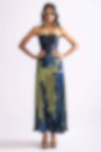 Green & Blue Chiffon Daisy Printed Hand Micro Pleated Vacation Dress by Saaksha & Kinni at Pernia's Pop Up Shop