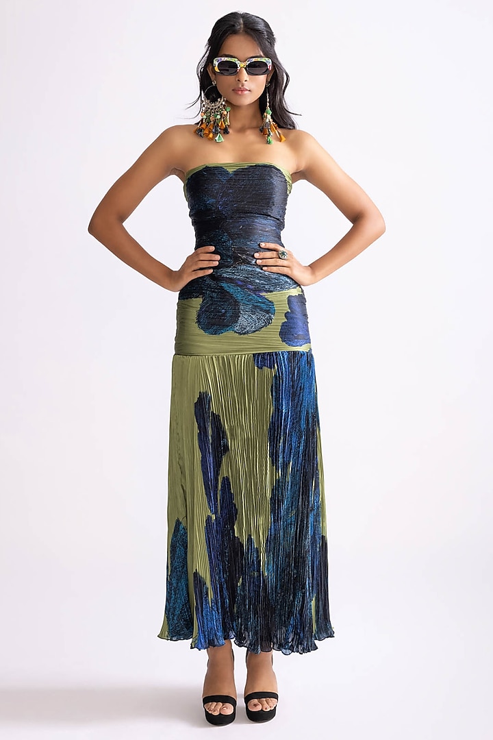 Green & Blue Chiffon Daisy Printed Hand Micro Pleated Vacation Dress by Saaksha & Kinni at Pernia's Pop Up Shop