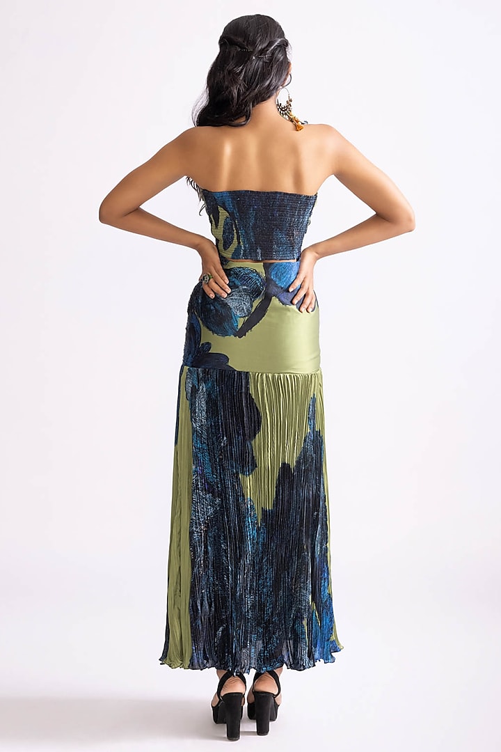 Green & Blue Chiffon Daisy Printed Hand Micro Pleated Vacation Dress by Saaksha & Kinni at Pernia's Pop Up Shop
