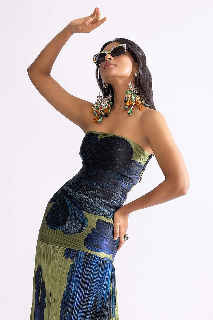 Green & Blue Chiffon Daisy Printed Hand Micro Pleated Vacation Dress by Saaksha & Kinni at Pernia's Pop Up Shop