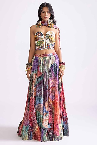 Multi-Colored Chanderi Daisy Printed Lehenga Set by Saaksha & Kinni