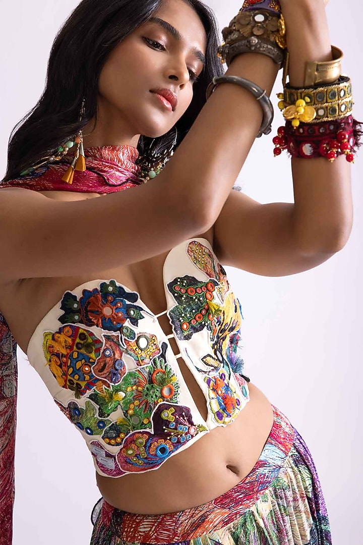 Multi-Colored Chanderi Daisy Printed Wedding Lehenga Set by Saaksha & Kinni at Pernia's Pop Up Shop