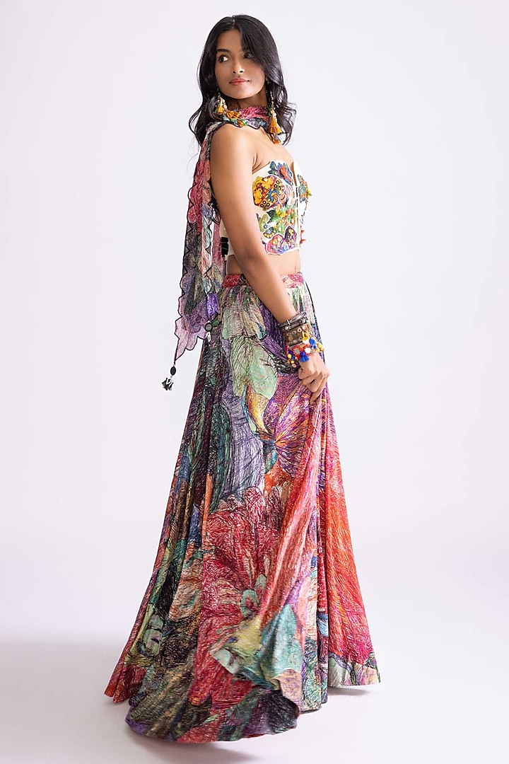 Multi-Colored Chanderi Daisy Printed Wedding Lehenga Set by Saaksha & Kinni at Pernia's Pop Up Shop
