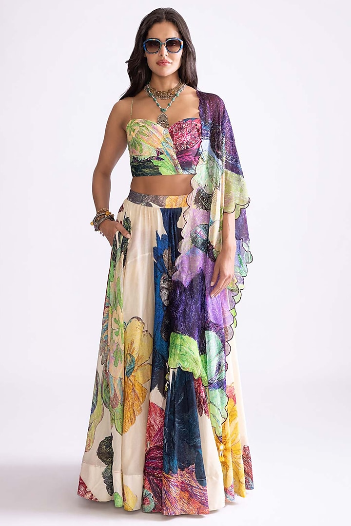 Multi-Colored Chanderi Daisy Printed Lehenga Set by Saaksha & Kinni