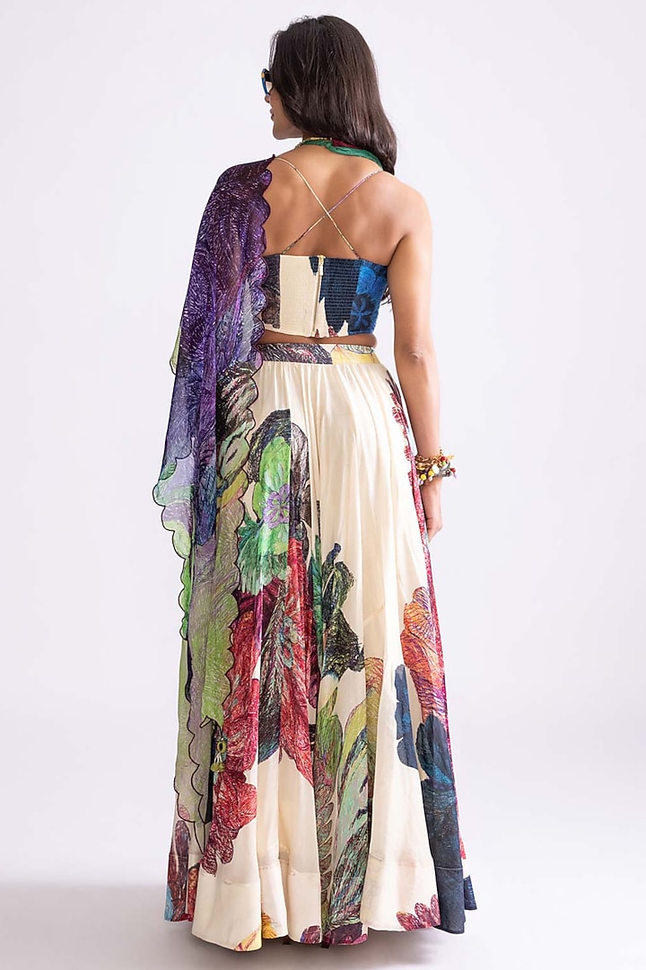 Multi-Colored Chanderi Daisy Printed Wedding Lehenga Set by Saaksha & Kinni at Pernia's Pop Up Shop
