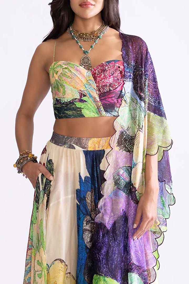 Multi-Colored Chanderi Daisy Printed Wedding Lehenga Set by Saaksha & Kinni at Pernia's Pop Up Shop