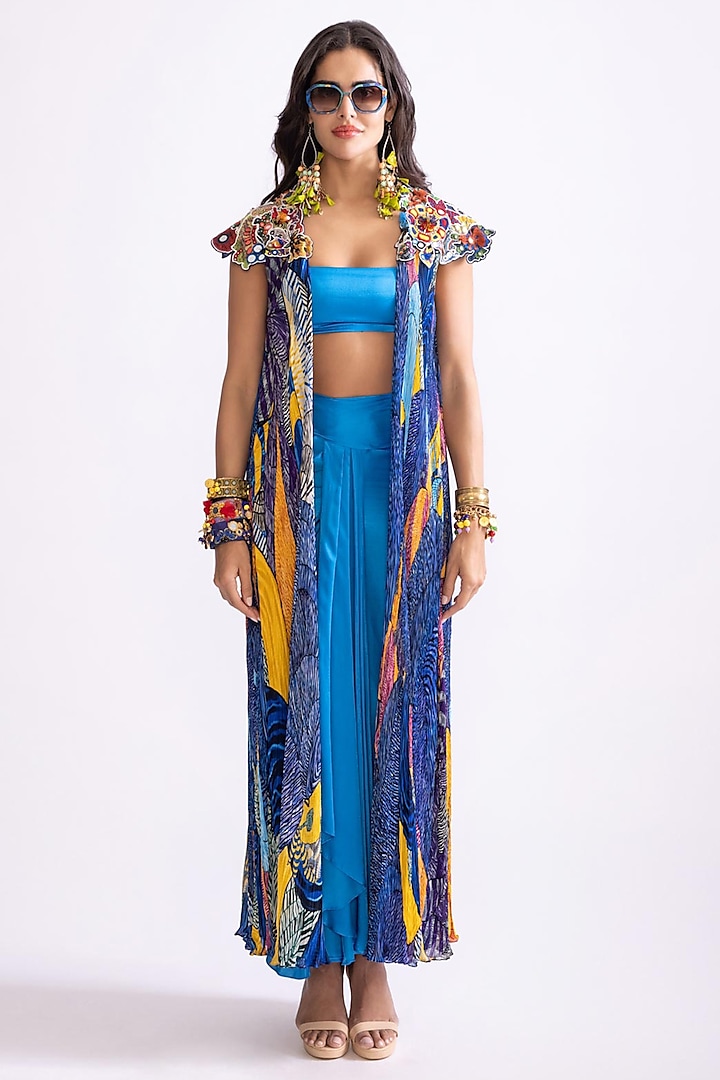 Multi-Colored Chiffon Hand Micro Pleated Tribal Printed & Floral Embroidered Cape Set by Saaksha & Kinni