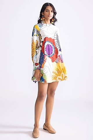 Ivory & Multi-Colored Cambric Tribal Printed Shift Mini Dress by Saaksha & Kinni