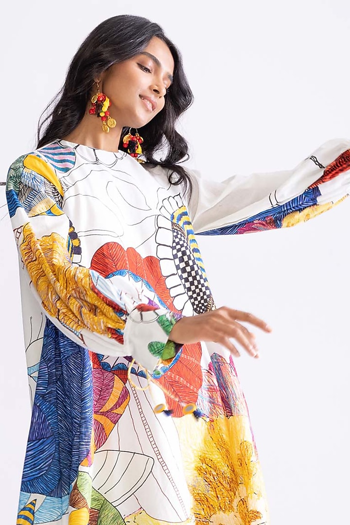 Ivory & Multi-Colored Cambric Tribal Printed Shift Mini Summer Dress by Saaksha & Kinni at Pernia's Pop Up Shop