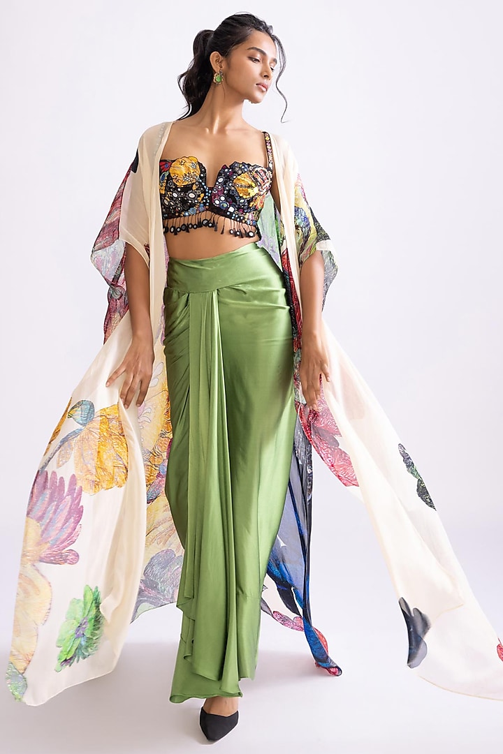 Multi-Colored Chiffon Daisy Printed Kaftan-Style Cape Set by Saaksha & Kinni at Pernia's Pop Up Shop