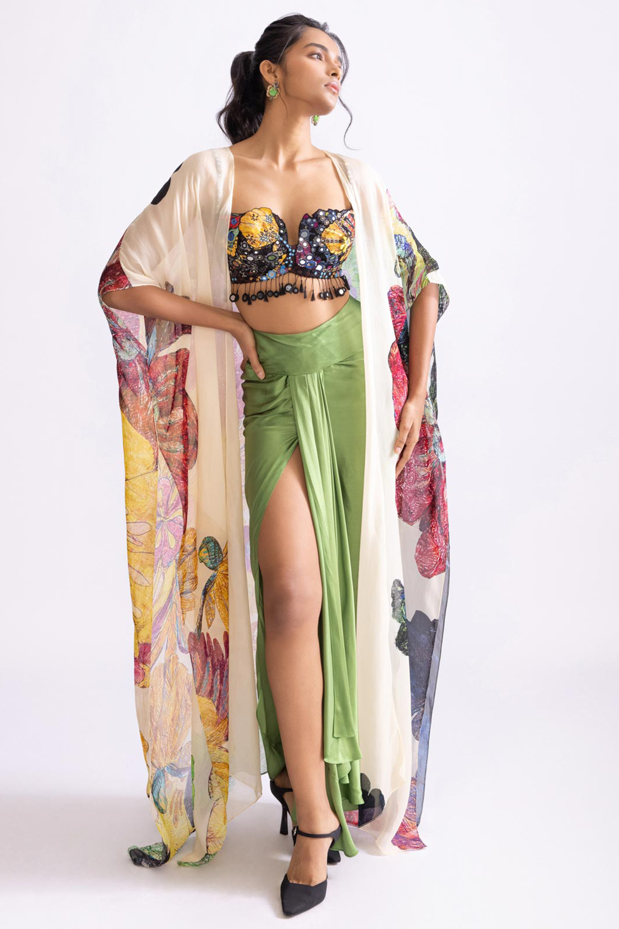 Multi-Colored Chiffon Daisy Printed Kaftan-Style Cape Set by