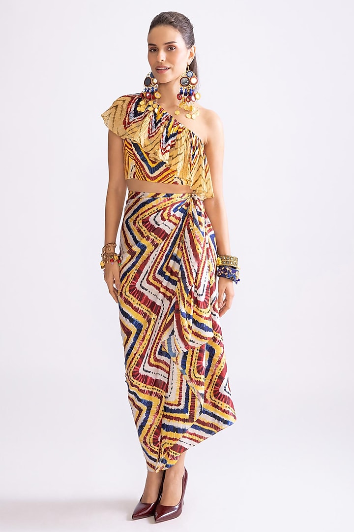 Multi-Colored Habutai Zig-Zag Printed Draped Skirt Set by Saaksha & Kinni