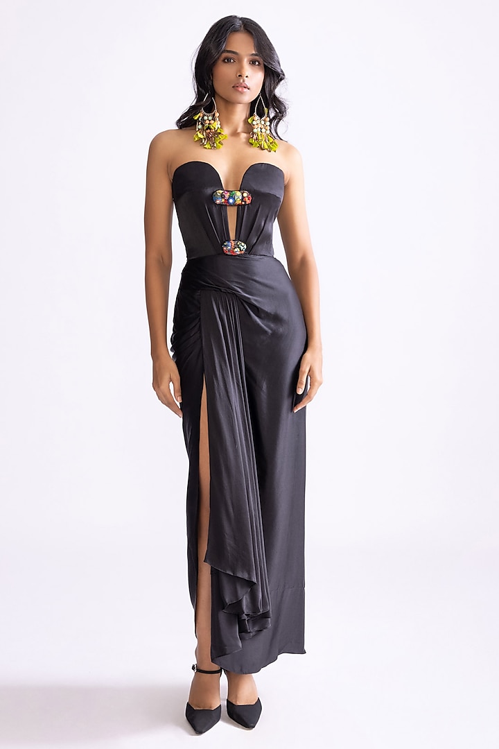 Black Satin Mirror Embroidered Strapless Dress by Saaksha & Kinni