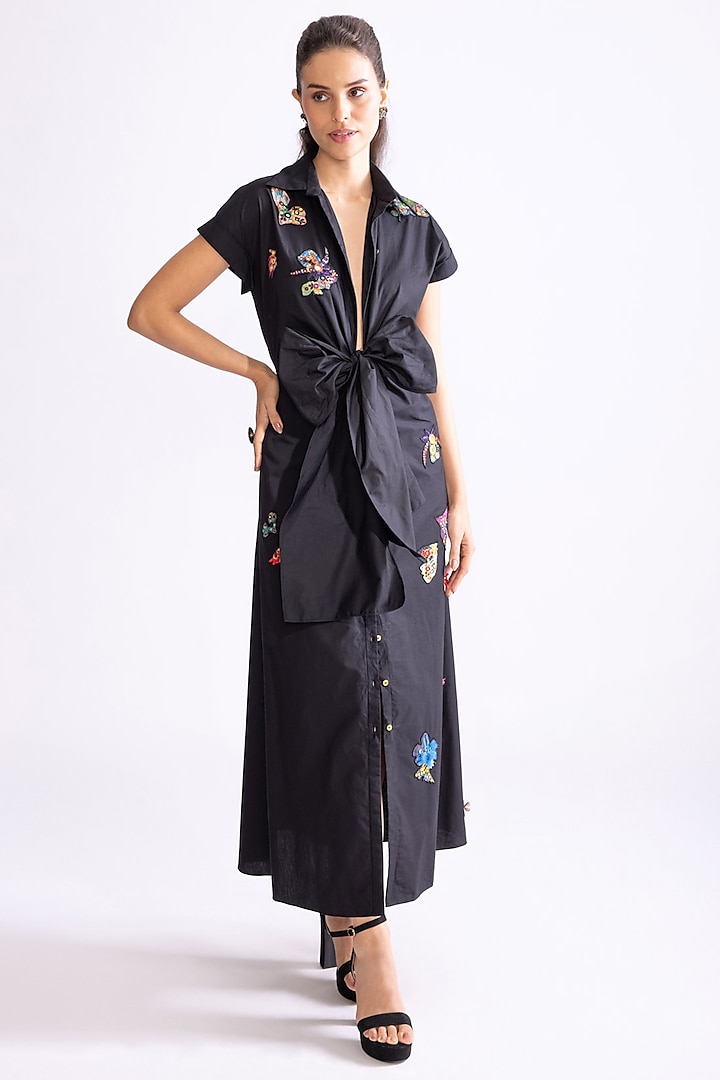 Black Poplin Thread Hand Embroidered Shirt Dress by Saaksha & Kinni