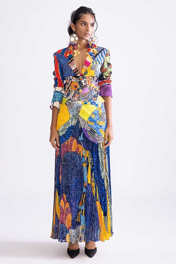 Multi-Colored Chiffon Hand Micro Pleated Tribal Printed Skirt Set by Saaksha & Kinni at Pernia's Pop Up Shop